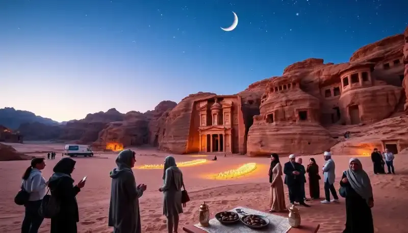 سياح في جولة ليلية بالبتراء وسط أضواء الشموع وهلال رمضان، يعيشون أجواء السفر في رمضان والعيد
