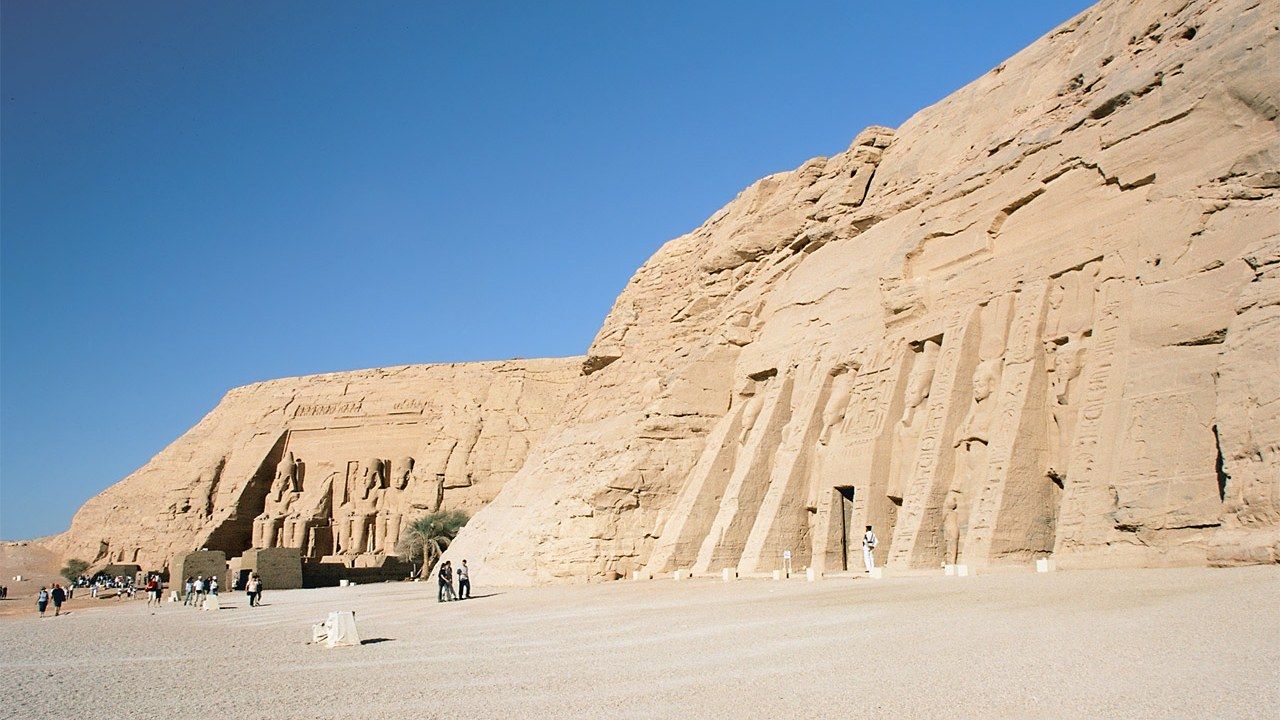 Wide view of the Abu Simbel temples of Ramesses II and Nefertari in southern Egypt