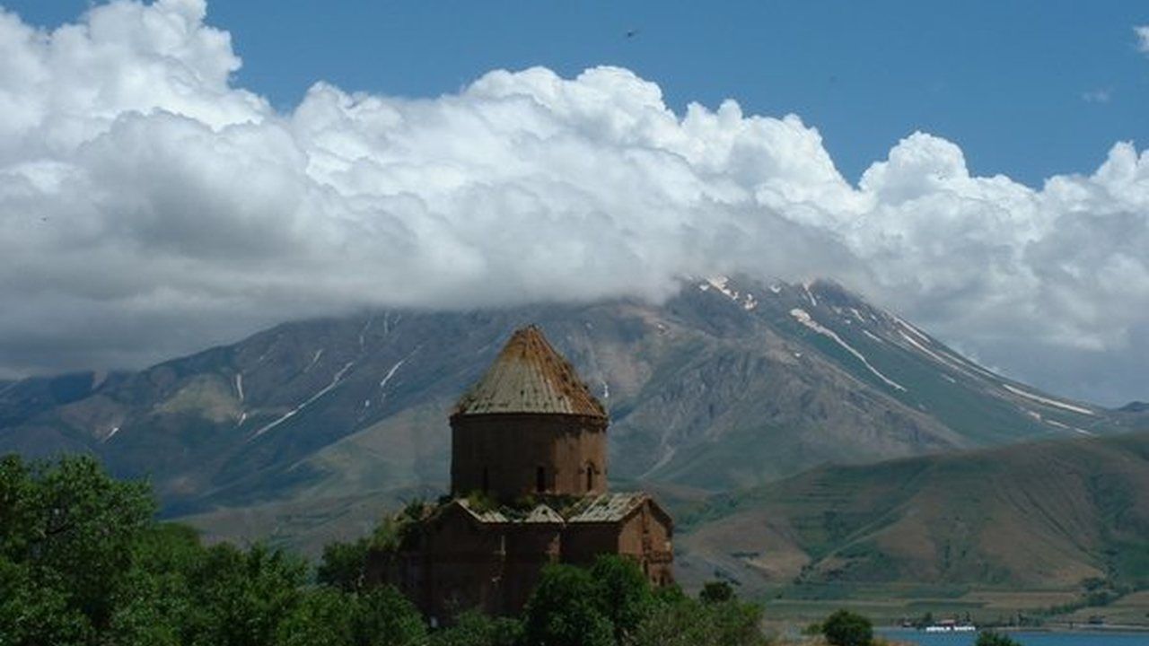 Holy Cross Church on Akdamar Island with Lake Van and mountains