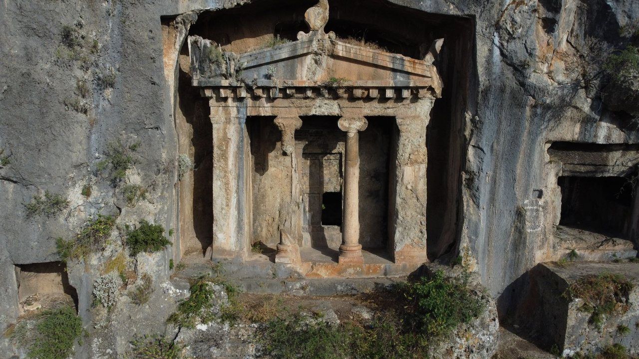 Ancient Amyntas rock tomb carved into a cliff above Fethiye