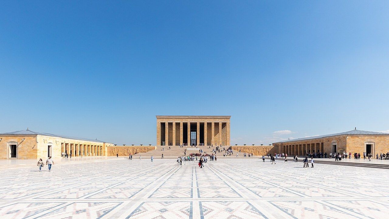 Wide frontal view of Anıtkabir and its ceremonial plaza in Ankara