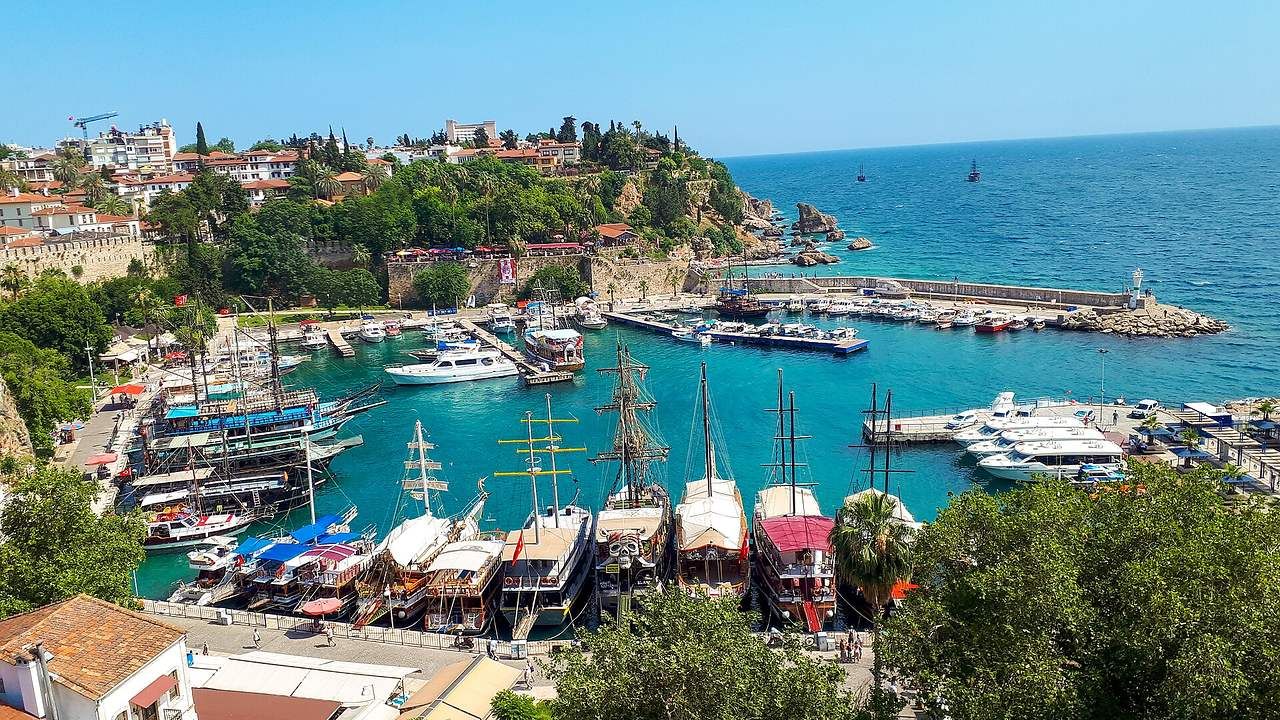 Panoramic view of Kaleiçi Old Harbour and the Mediterranean coast in Antalya