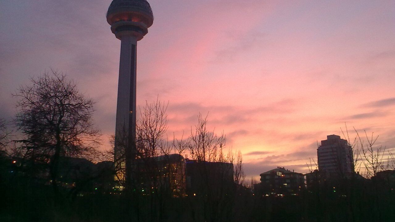 Atakule observation tower rising above Ankara at sunset