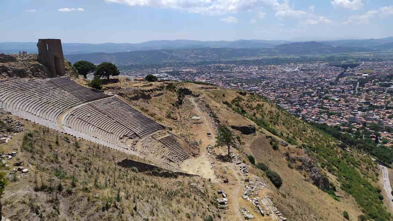 Wide view of the ancient Pergamon Theatre overlooking Bergama, Izmir, Turkey.