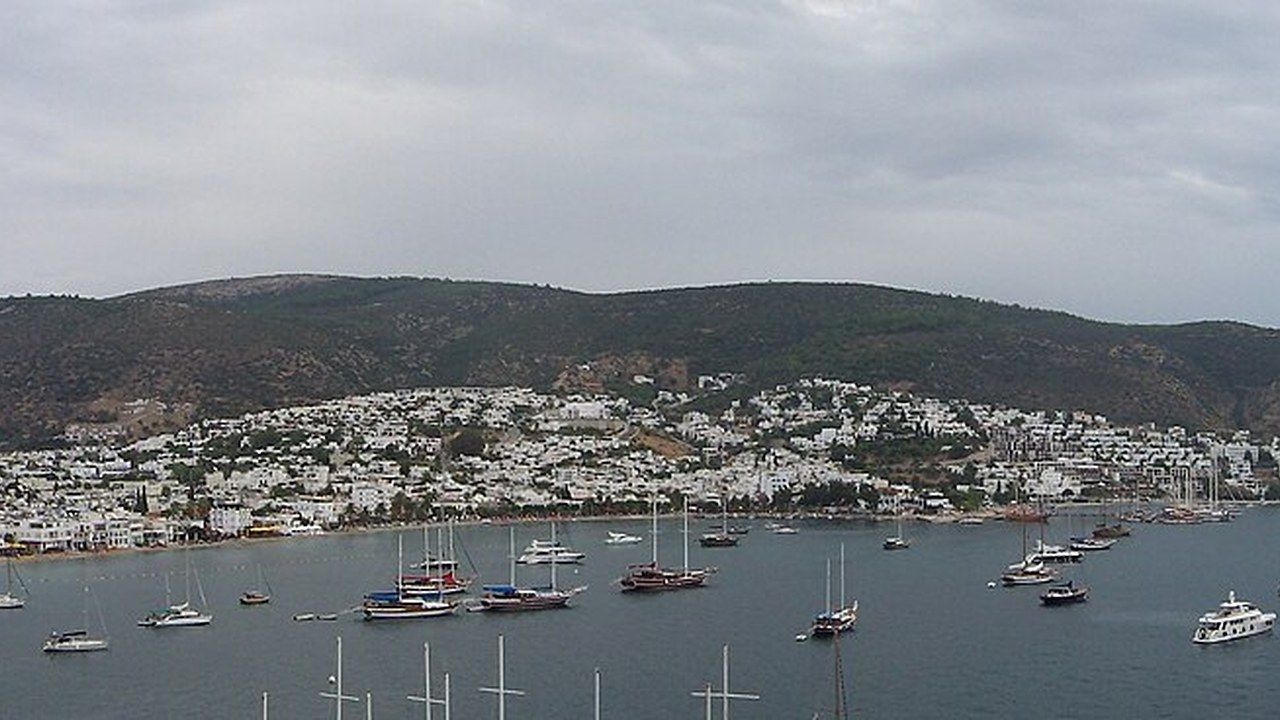 Wide view of Bodrum harbour and the whitewashed coastal town
