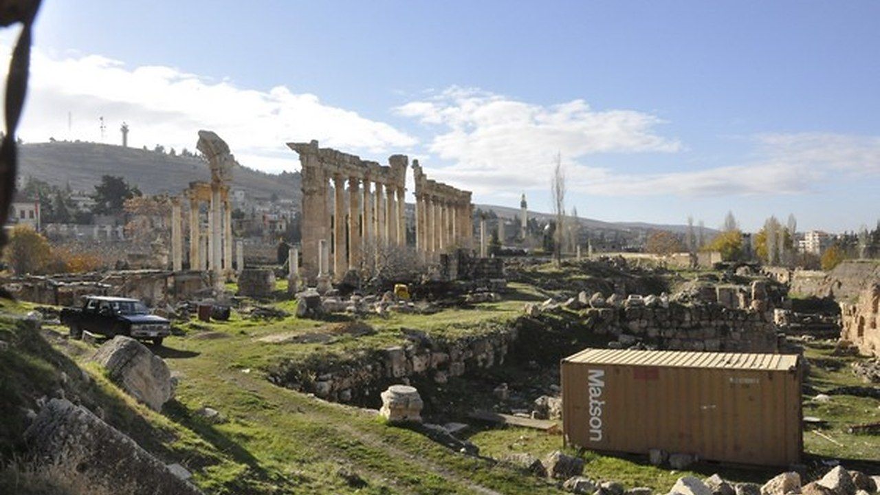 Roman colonnade and archaeological ruins at Boustan el-Khan in Baalbek