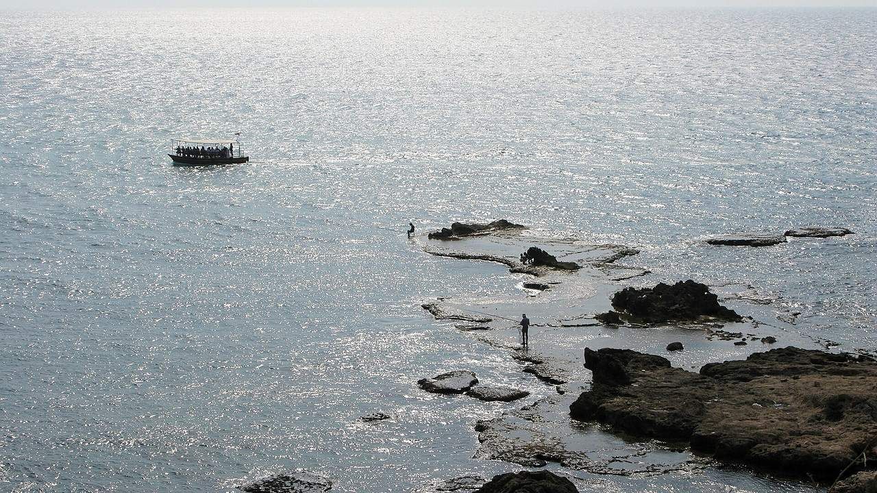 Wide Mediterranean coastal view of beaches and rocky shoreline in Byblos, Lebanon