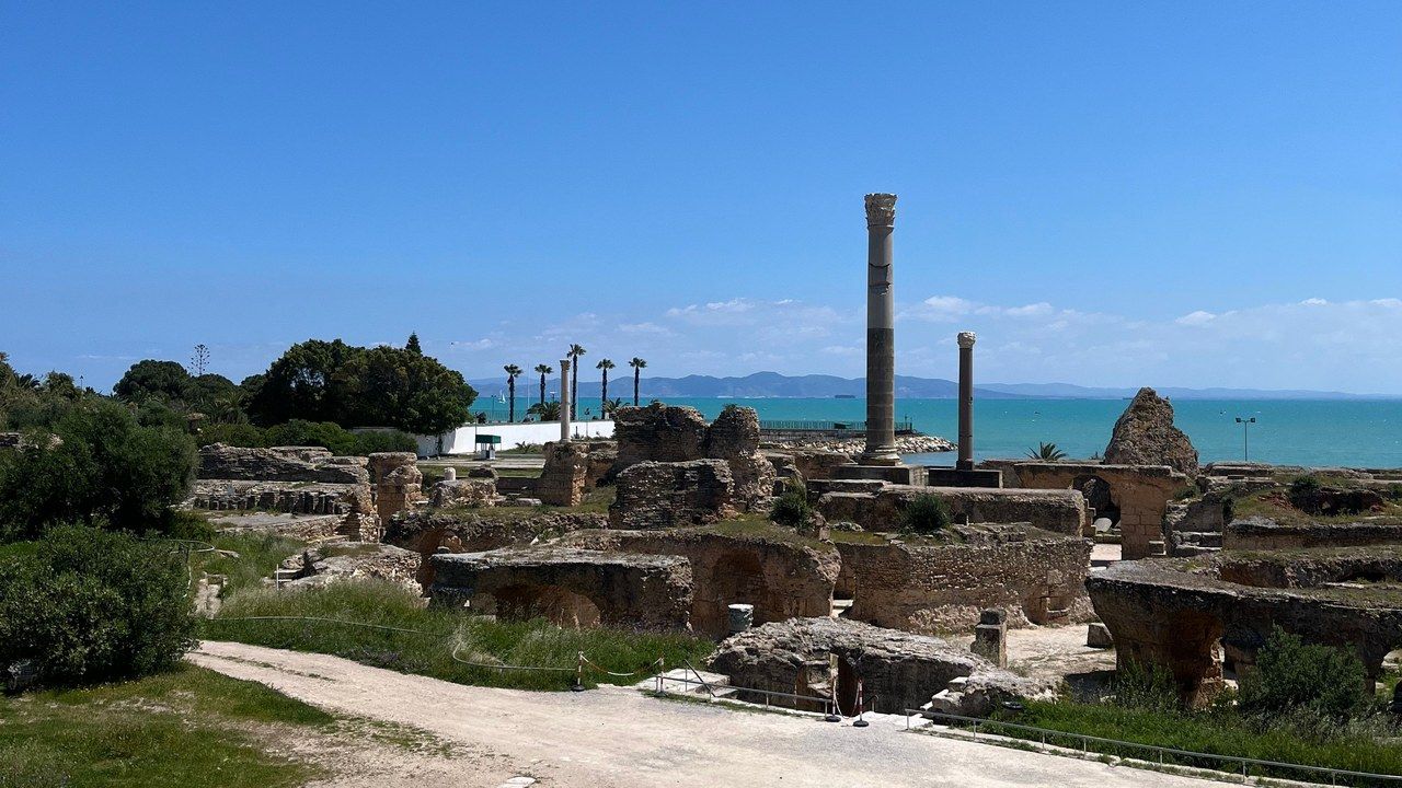 Wide view of the ancient Roman ruins of Carthage overlooking the Mediterranean Sea in Tunisia