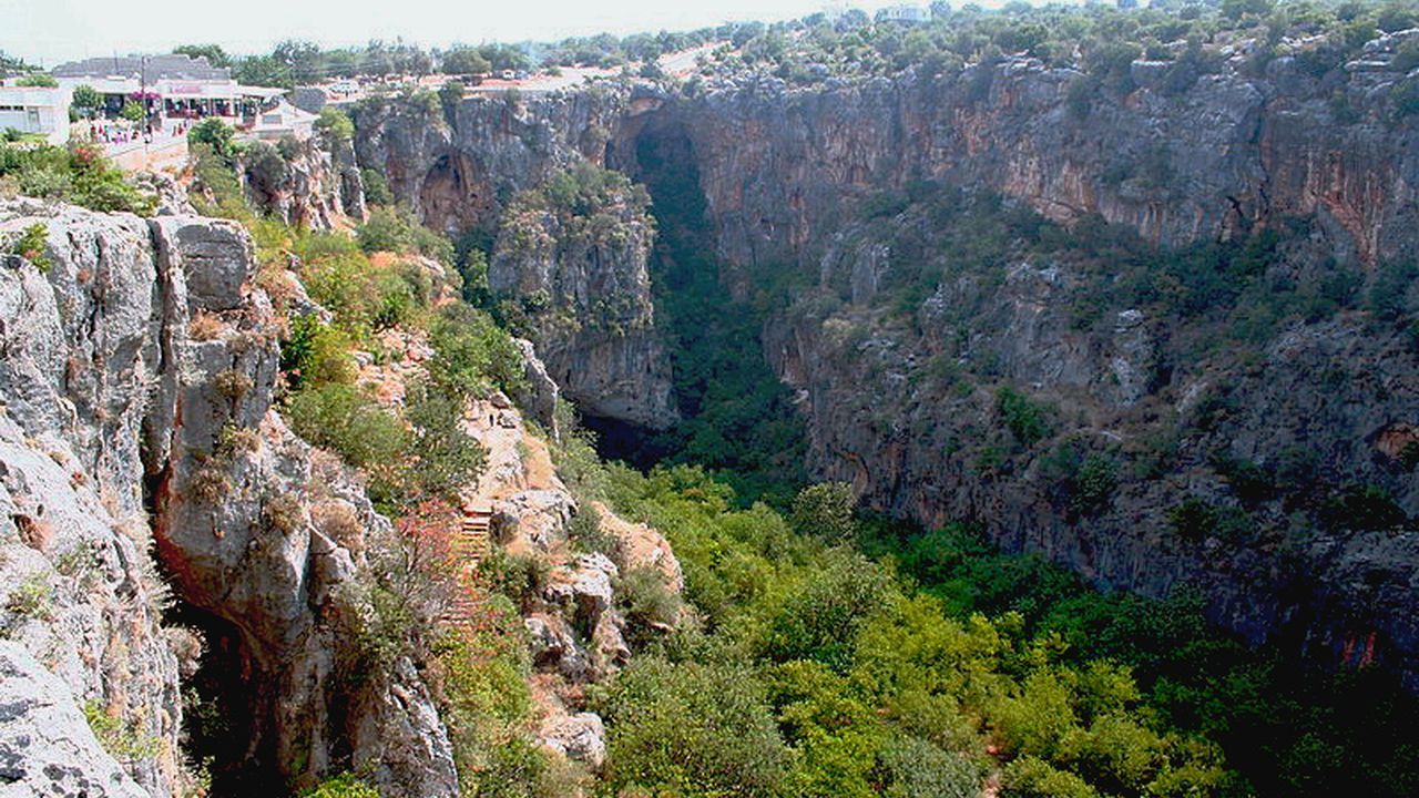 Wide view into the dramatic Cennet sinkhole surrounded by rocky cliffs and vegetation.