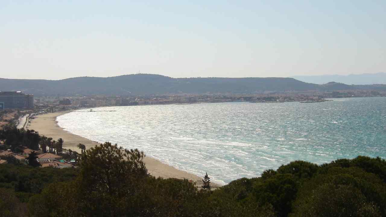 Wide coastal view of Ilica Beach in Cesme, Izmir, Turkey.