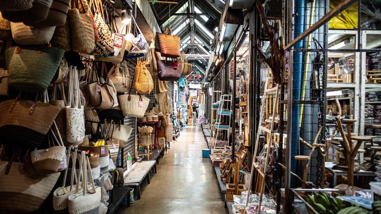 Wide view of shopping aisles and handicraft stalls at Chatuchak Weekend Market in Bangkok