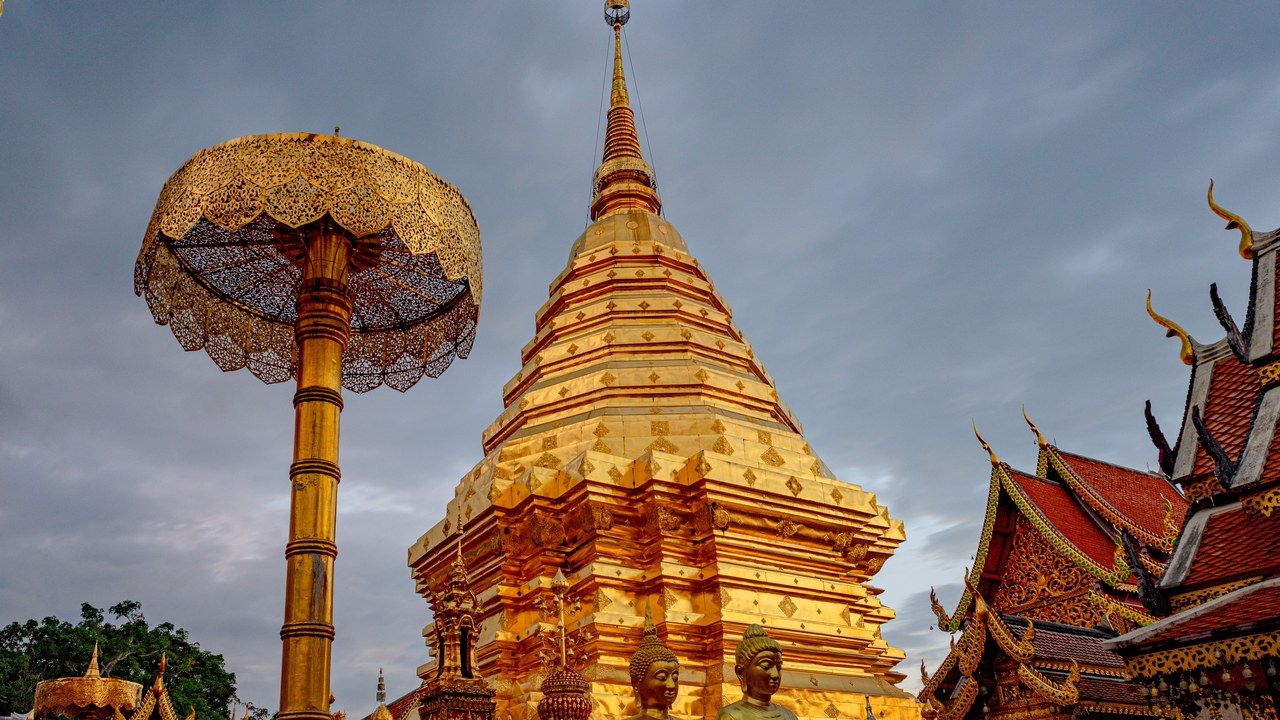 Golden pagoda and traditional architecture at Wat Phra That Doi Suthep in Chiang Mai, Thailand