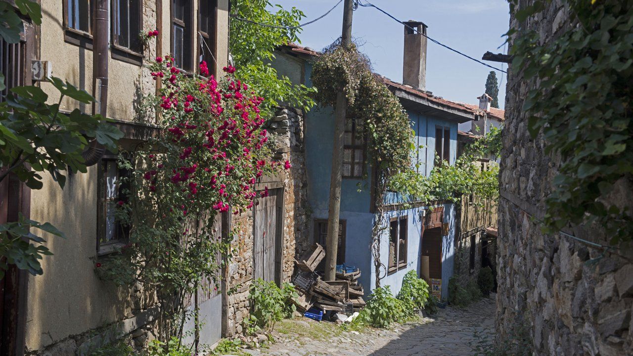 Historic cobblestone street and traditional Ottoman houses in Cumalikizik village, Bursa, Turkey