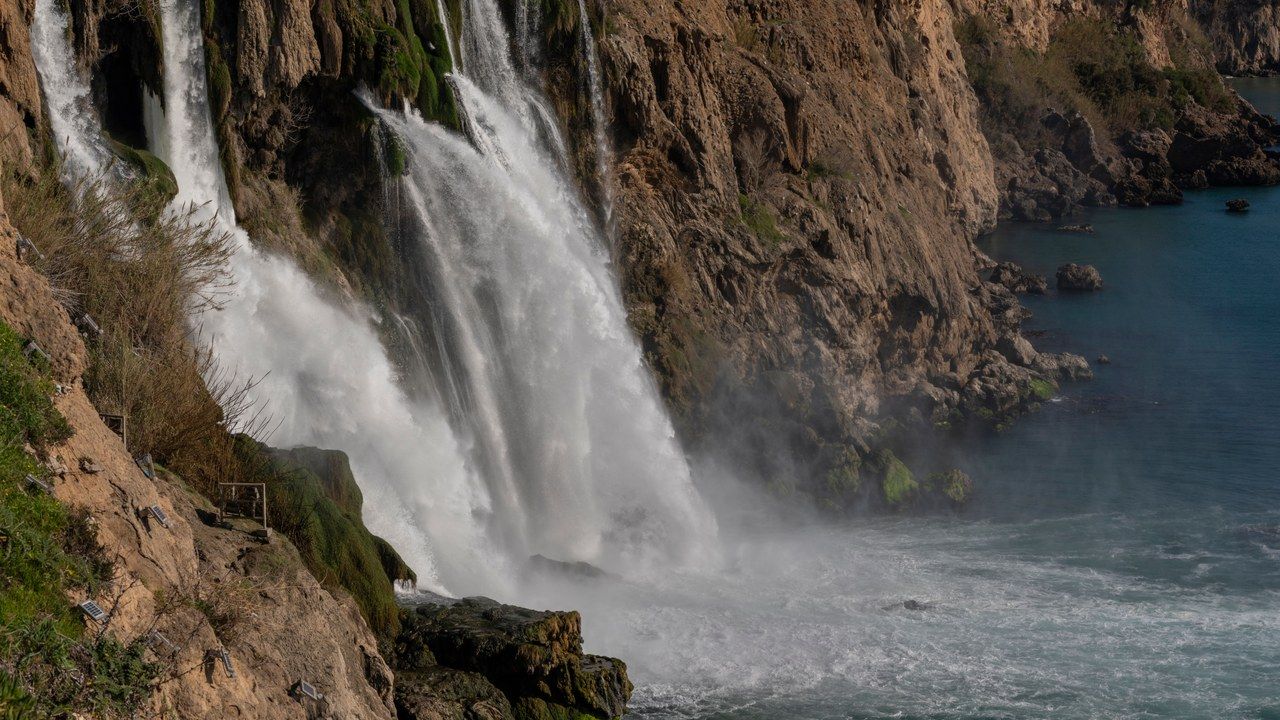 Lower Duden Waterfalls cascading into the Mediterranean Sea in Antalya