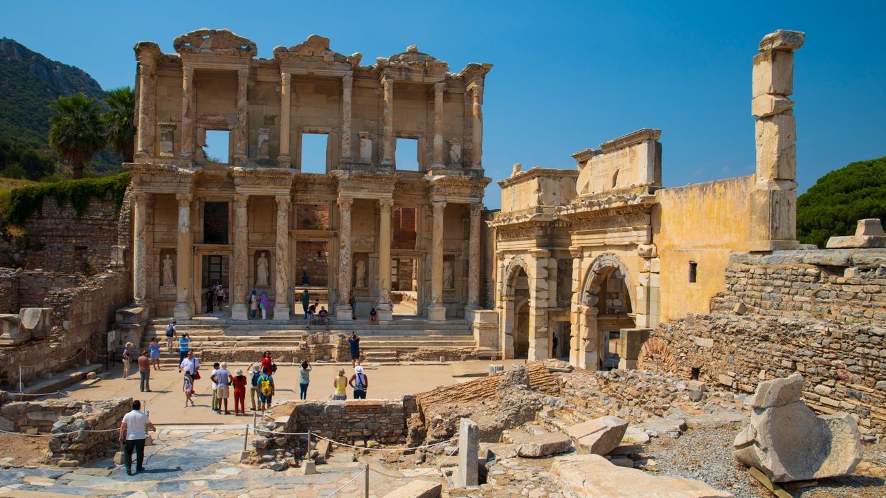 Wide view of the Library of Celsus and ancient ruins of Ephesus near Izmir, Turkey.