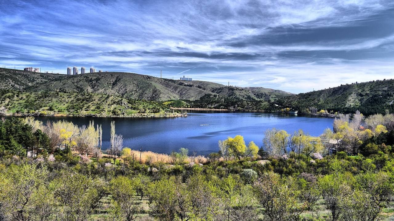 Panoramic view of Eymir Lake surrounded by hills near Ankara