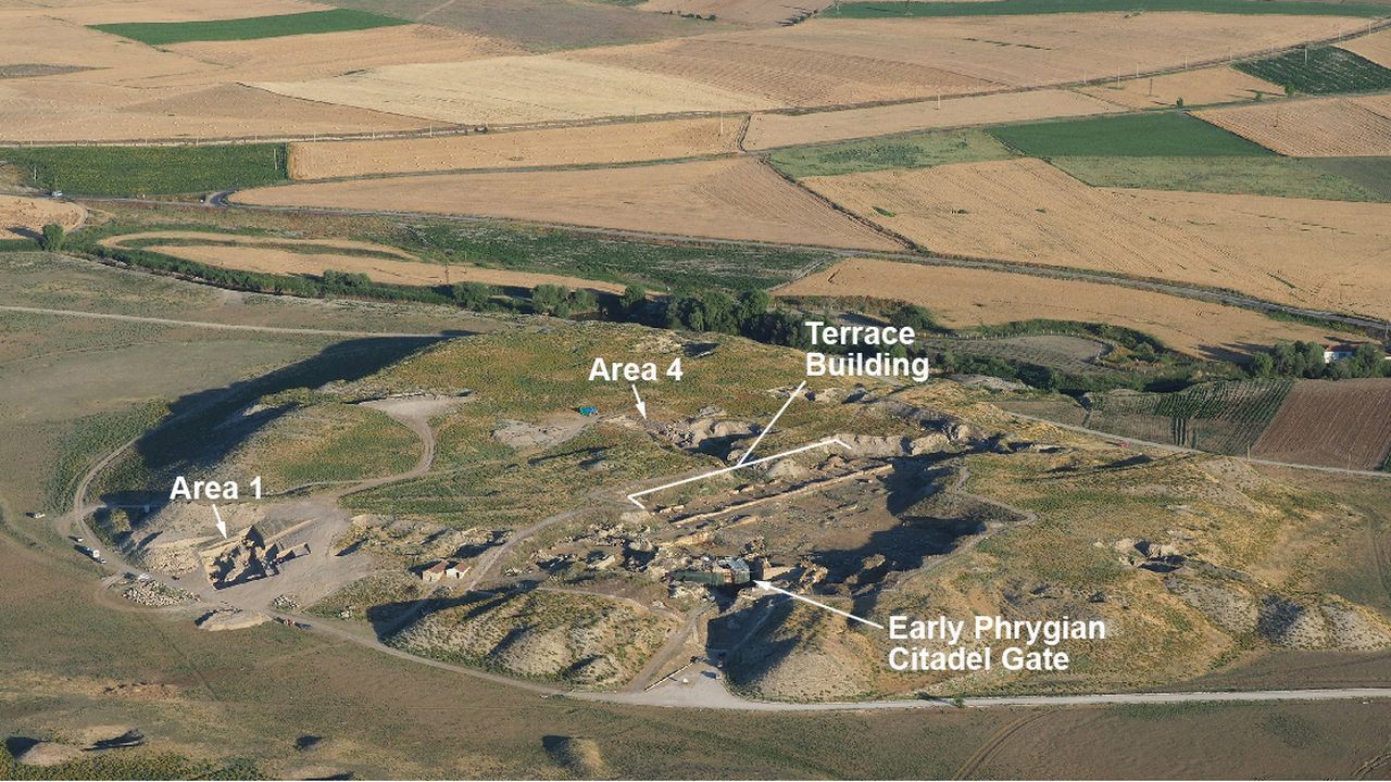 Aerial view of the ancient Gordion citadel mound and archaeological remains.