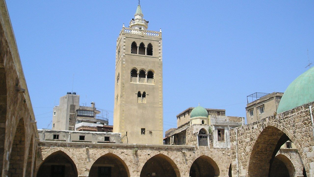 Courtyard and minaret of the Great Al-Mansouri Mosque in Tripoli, Lebanon