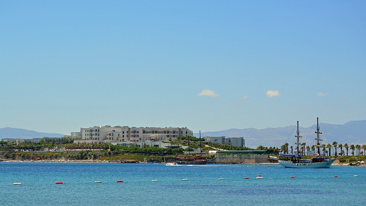 Wide turquoise coastal view of Gumbet Beach near Bodrum