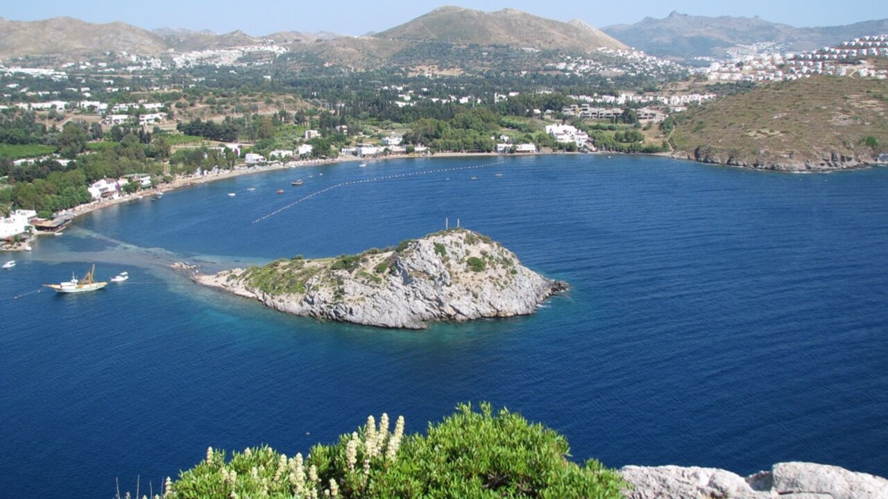 Panoramic coastal view of Rabbit Island and Gumusluk Bay in Bodrum