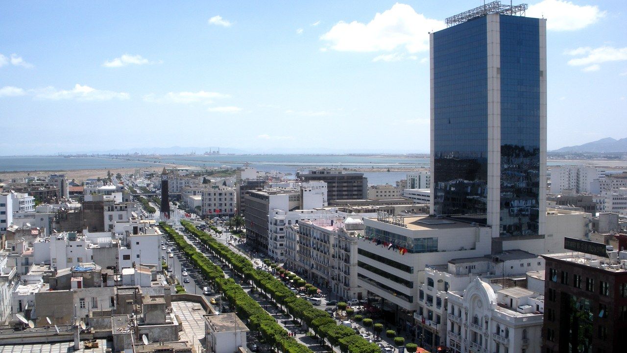 Wide view of Habib Bourguiba Avenue in central Tunis, Tunisia