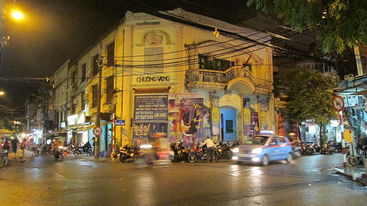 Hanoi Old Quarter street scene at night in Vietnam