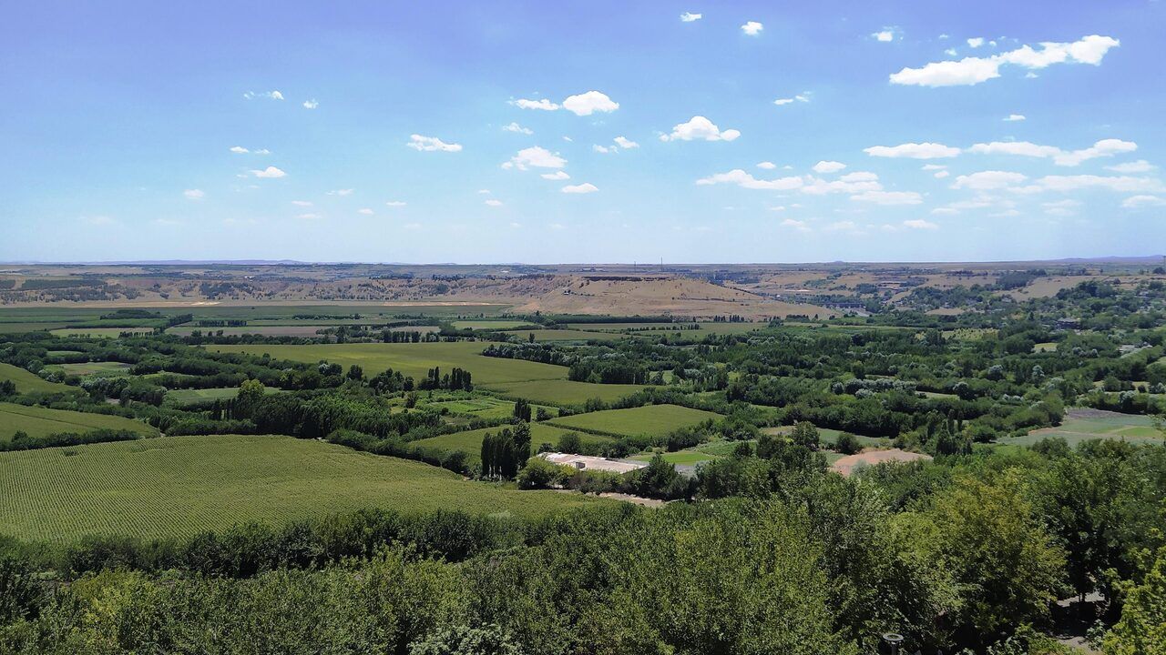 Wide panoramic view of the lush green Hevsel Gardens landscape near Diyarbakir, Turkey.