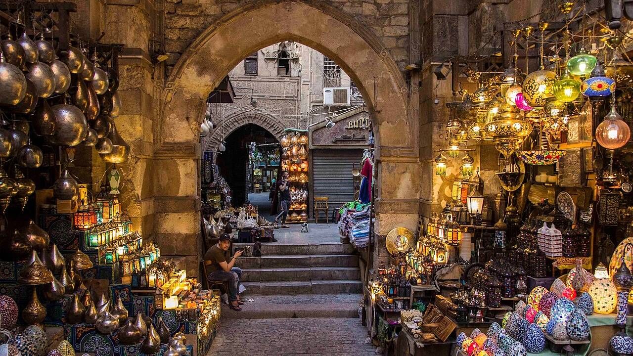 Traditional market and historic architecture in Khan el-Khalili, Cairo, Egypt