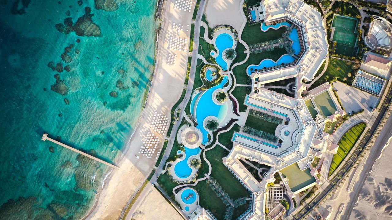 Aerial view of a Red Sea beach and resort in Hurghada, Egypt