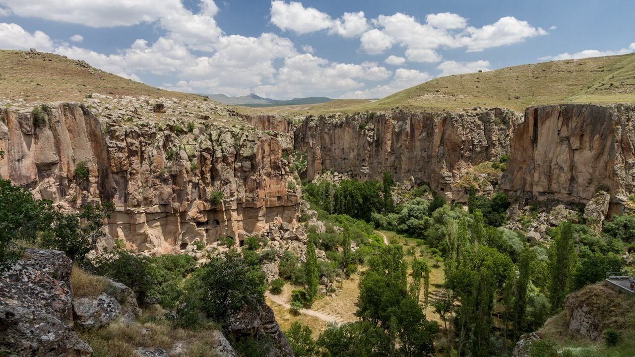 Wide view of Ihlara Valley canyon and lush greenery in Cappadocia, Türkiye