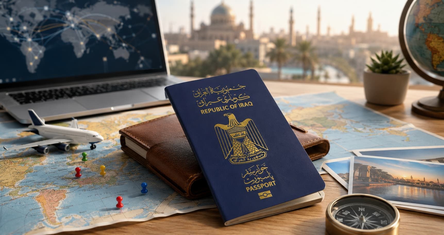 Iraqi passport on a travel map with a miniature airplane, compass, and trip-planning accessories.