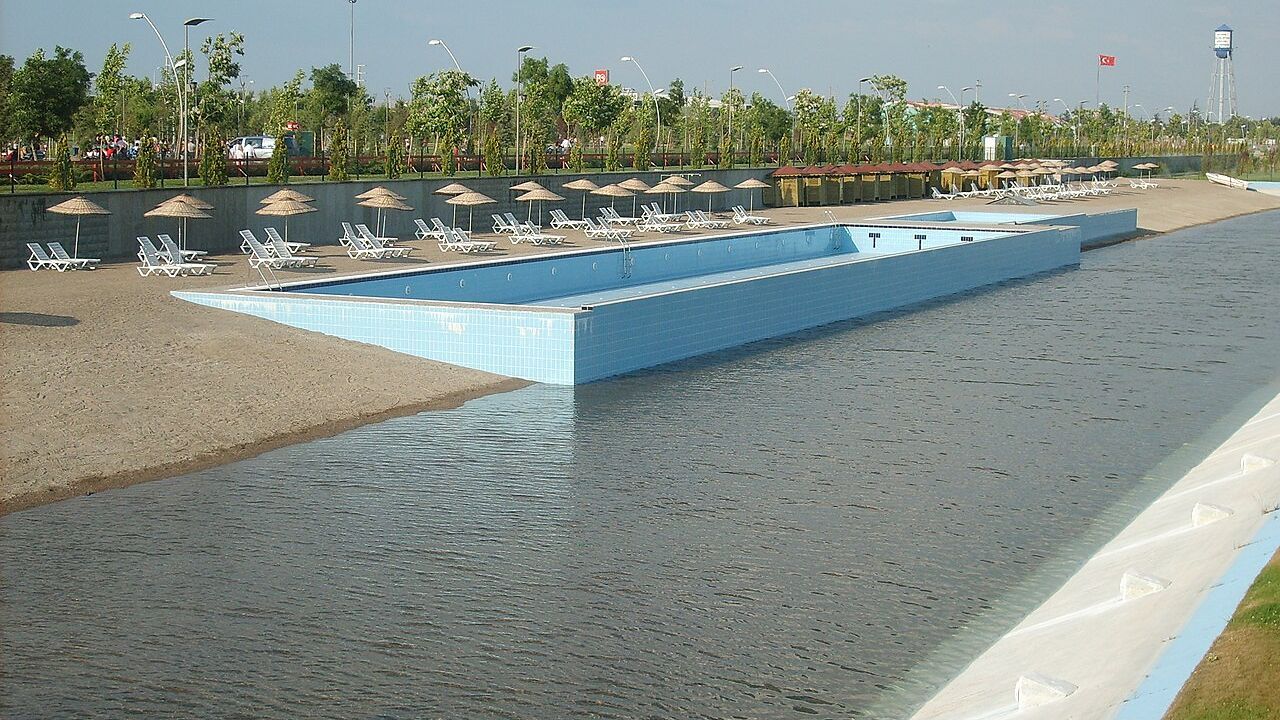 Artificial beach and swimming pools at Kentpark in Eskişehir