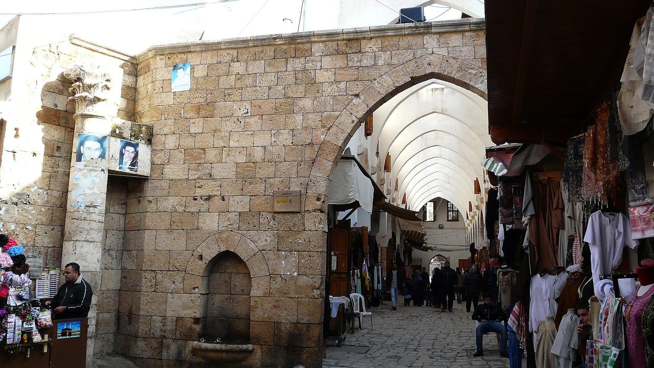 Stone entrance and market passage of Khan Al-Khayyatin in Tripoli, Lebanon