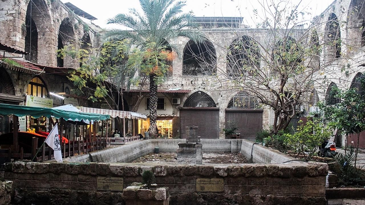 Historic courtyard of Khan Al-Saboun in Tripoli, Lebanon