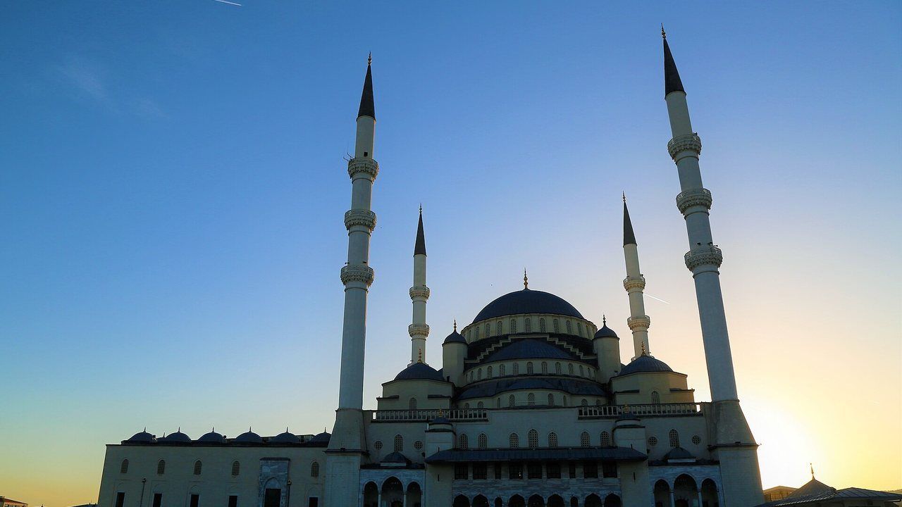 Kocatepe Mosque and its four minarets at sunset in Ankara