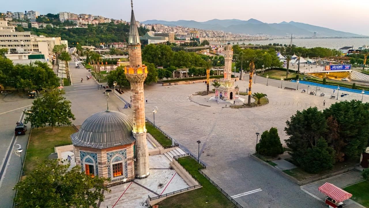 Aerial wide view of Konak Square and the iconic Izmir Clock Tower in Izmir, Turkey.