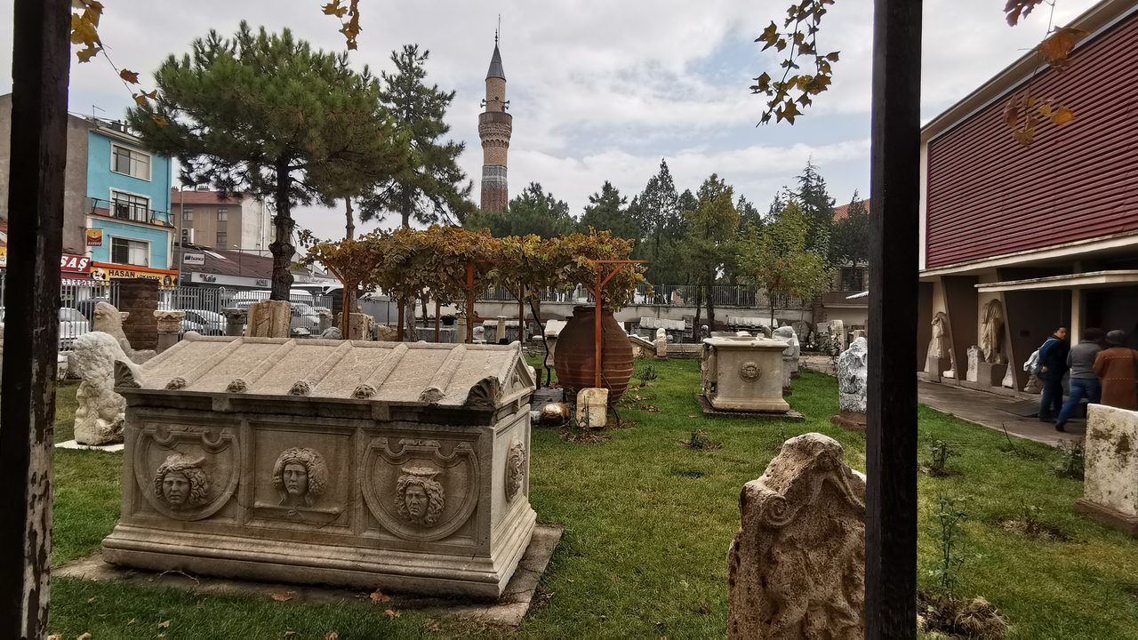 Ancient stone sarcophagi and artifacts at Konya Archaeological Museum