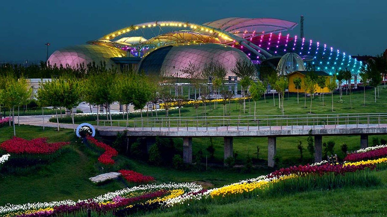 Colorful illuminated exterior of Konya Tropical Butterfly Garden