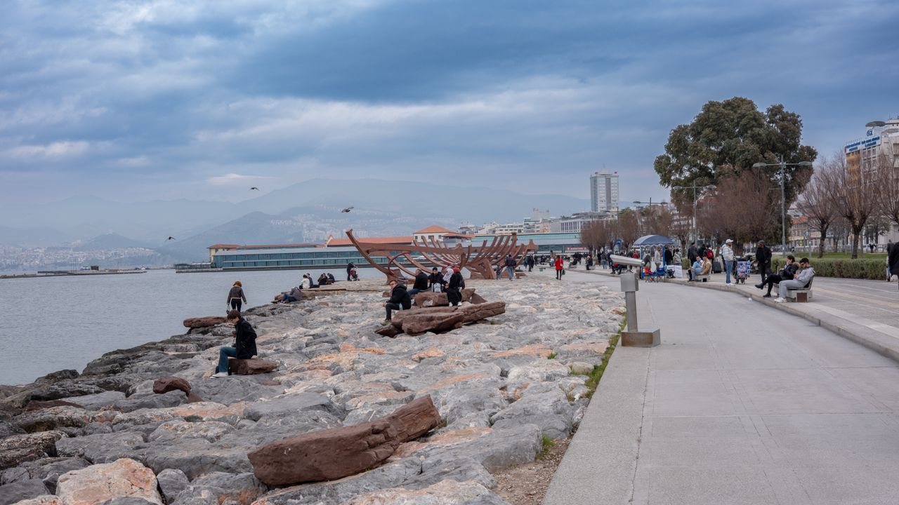 Wide view of Kordon waterfront promenade and the Alsancak coastline in Izmir, Turkey.