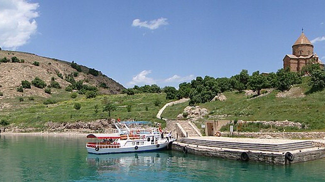 Akdamar Island and the historic Holy Cross Church surrounded by Lake Van