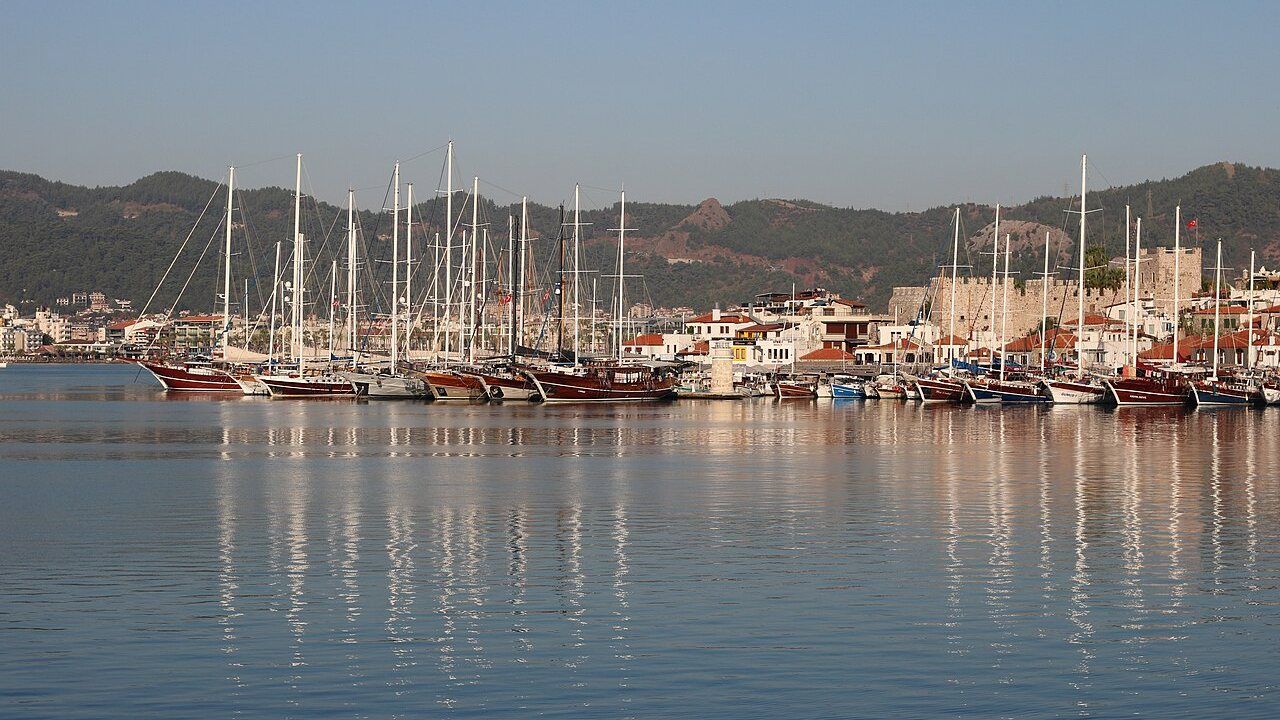 Wide view of yachts and sailing boats in Marmaris Marina.
