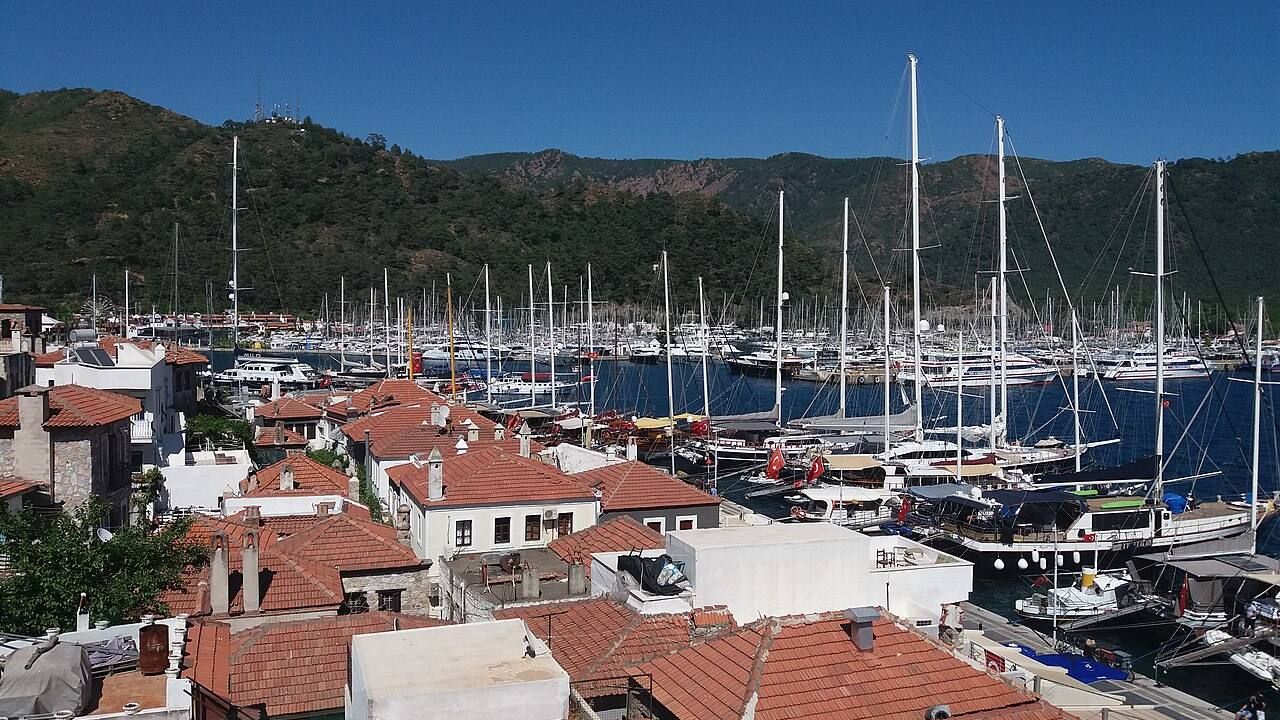 Red-roofed houses and marina scenery in the historic old town of Marmaris.
