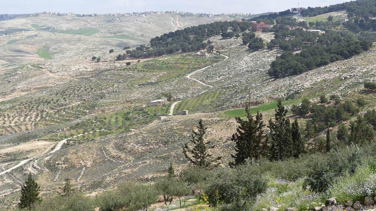 Wide scenic view of the rugged green hills surrounding Mount Nebo in Jordan