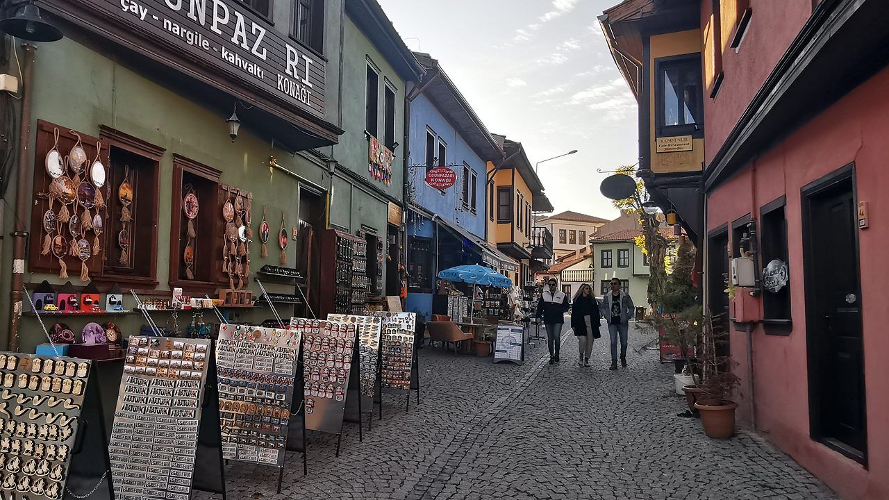 Colorful historic Ottoman houses along a cobblestone street in Odunpazarı, Eskişehir