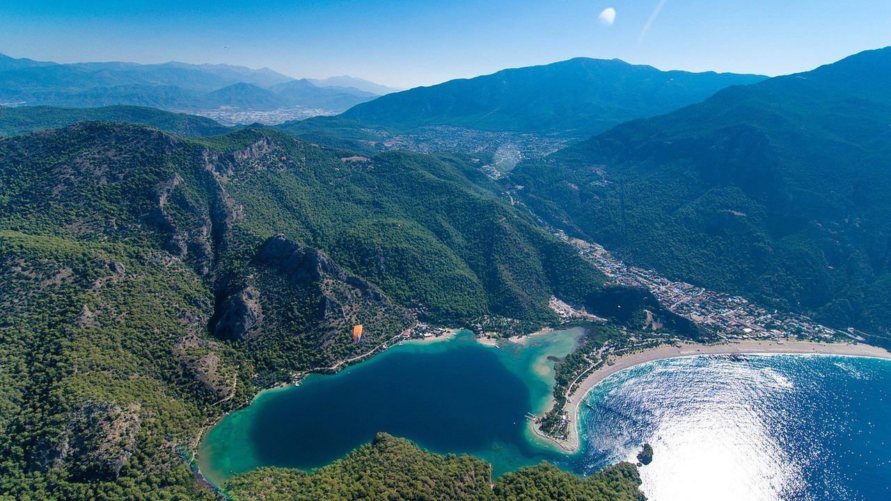 Aerial panoramic view of Oludeniz Blue Lagoon and the turquoise coast of Fethiye