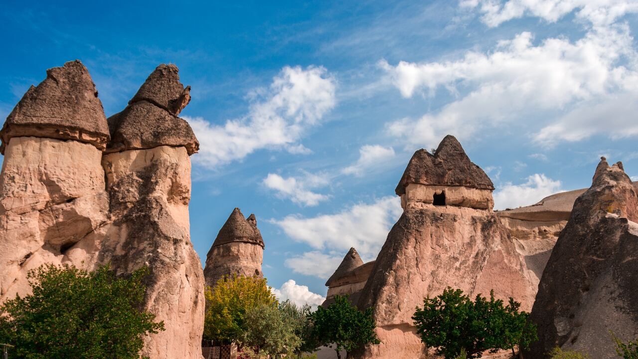 Wide view of fairy chimneys in Paşabağ Monks Valley, Cappadocia, Türkiye
