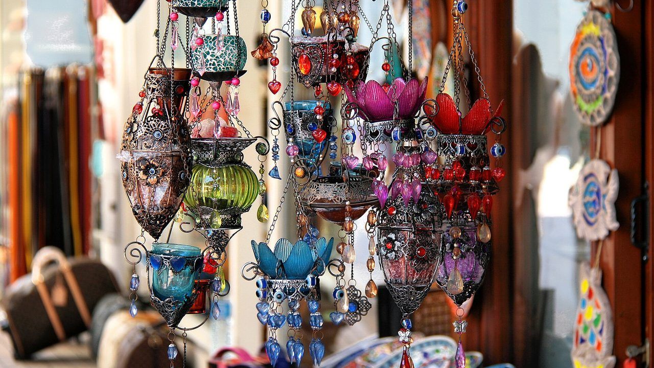 Colorful souvenir shops in Paspatur Bazaar in Fethiye Old Town