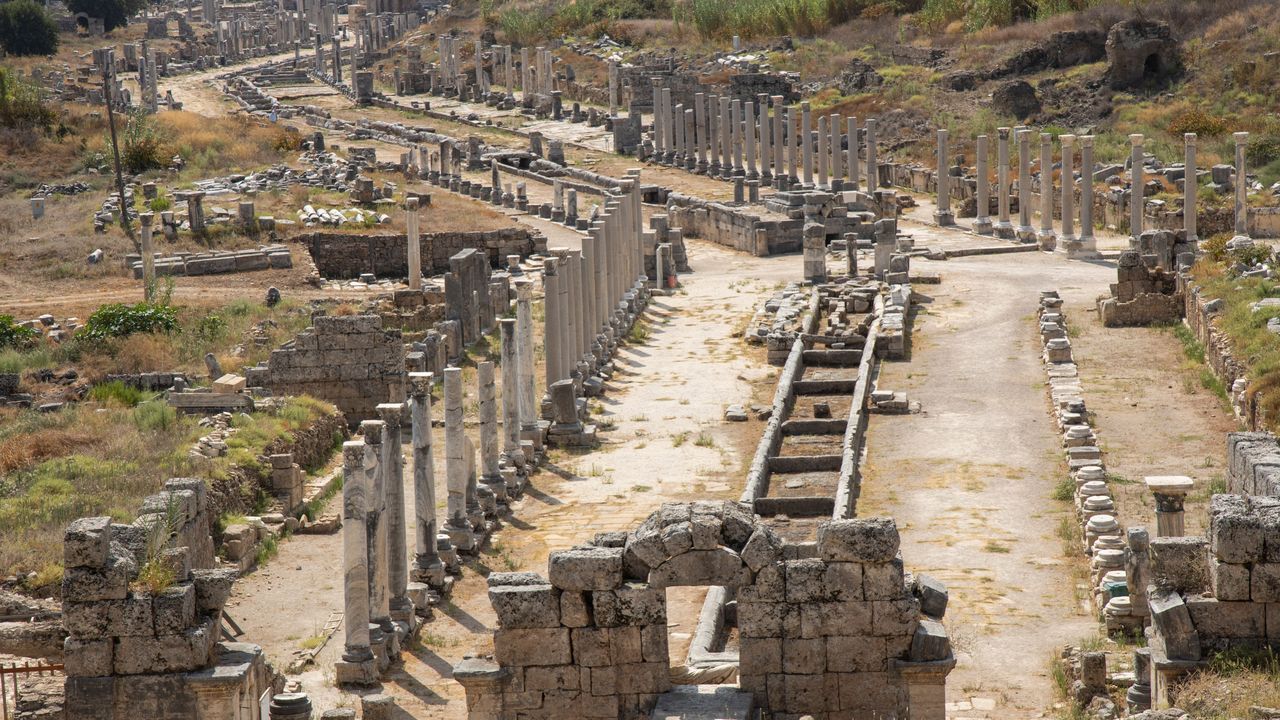 Wide view of the ancient city of Perge and its colonnaded street in Antalya, Turkey