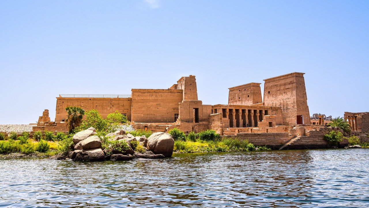 Wide view of Philae Temple on the Nile River in Aswan, Egypt