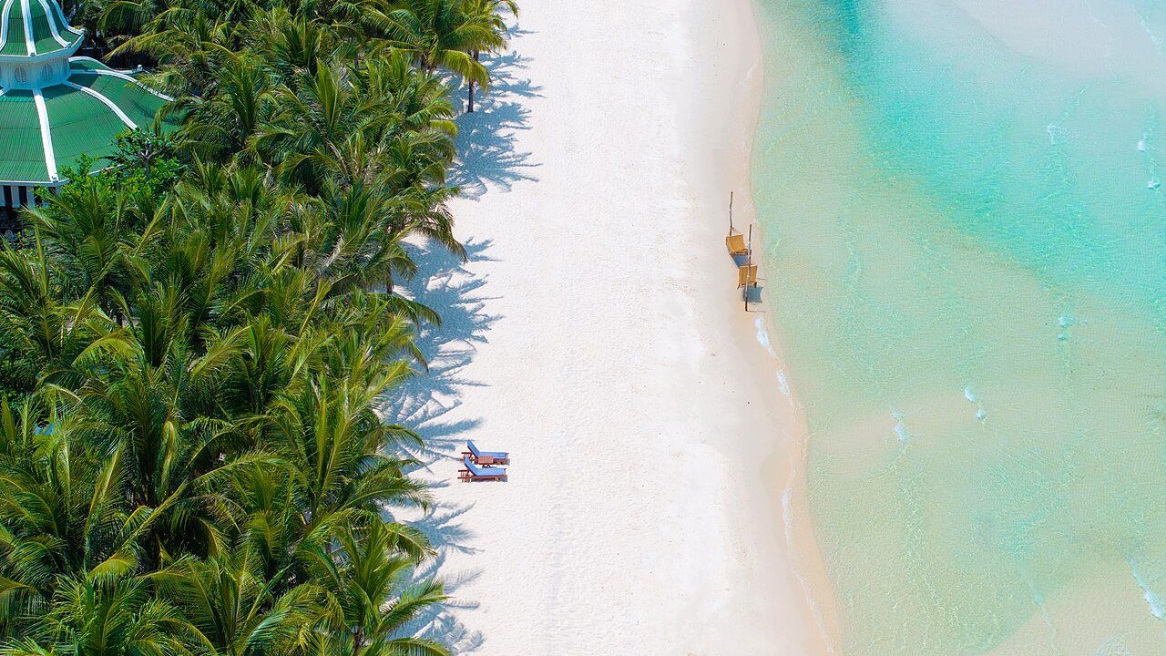 Aerial view of Kem Beach with white sand and turquoise water in Phu Quoc Vietnam